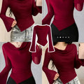 Burgundy Ruffle Asymmetrical Flare Sleeves Top