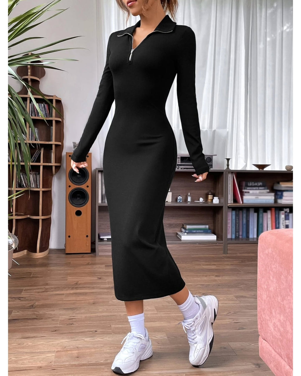Black V-Neck Zipper Fitted Bodycon FS