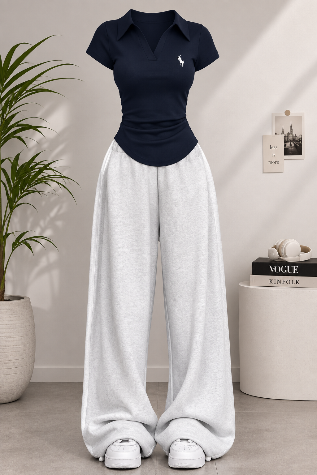 Navy-Blue V Polo Logo With Grey Wide Leg Trouser