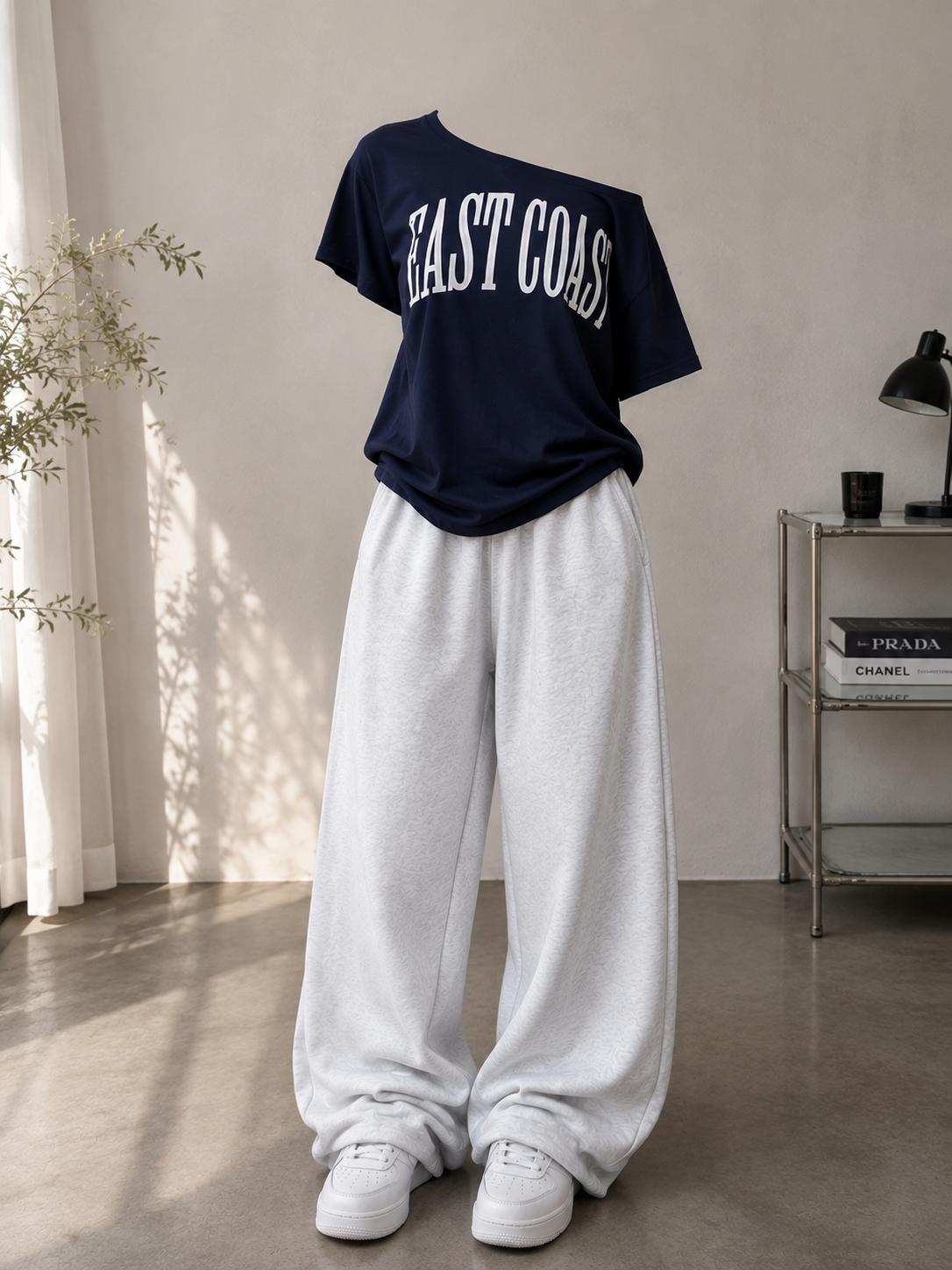 Navy-Blue Oversized Tee With Grey Wide Leg Trouser