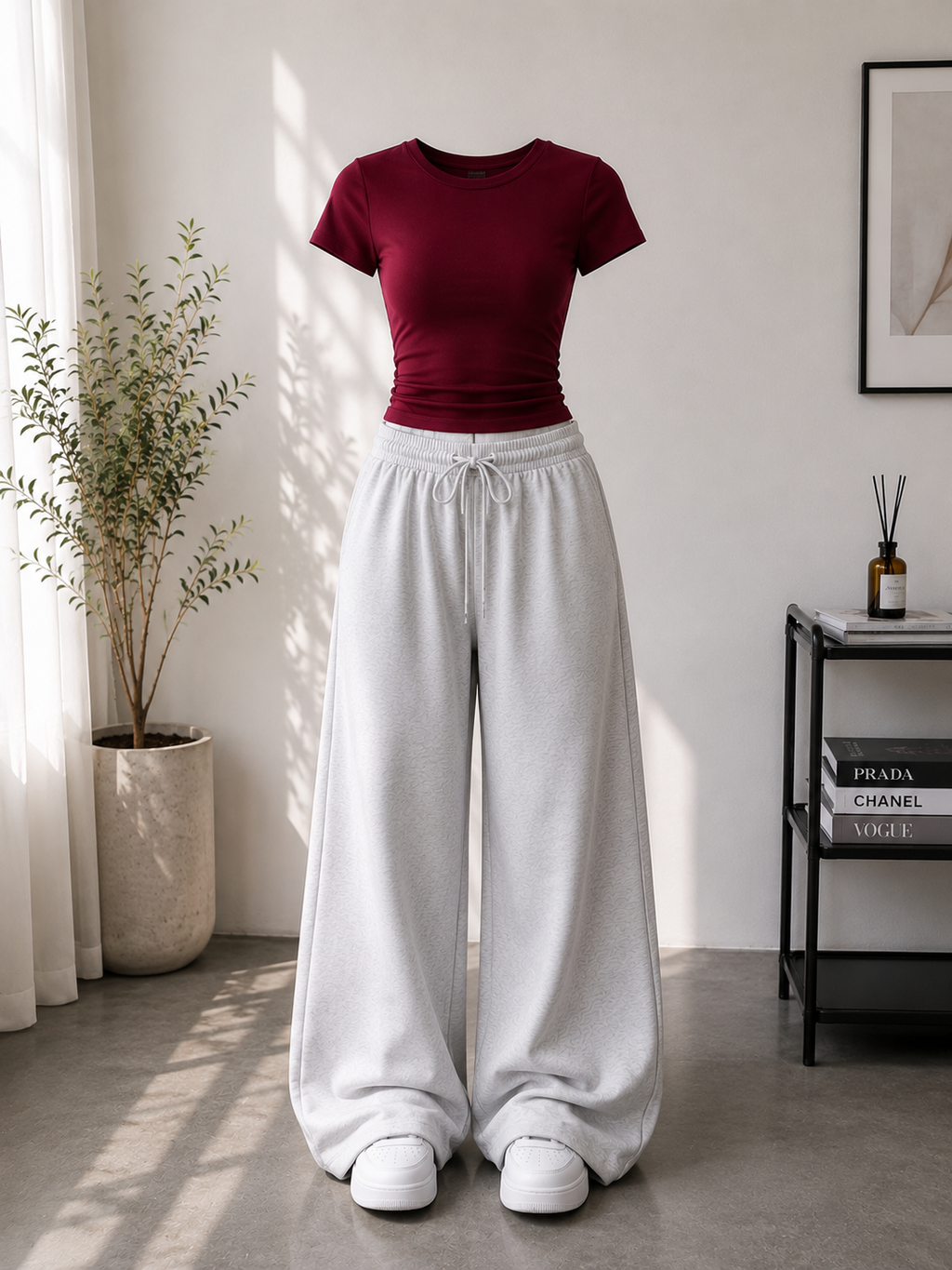 Maroon Round Neck Tee With Grey Wide Leg Trouser