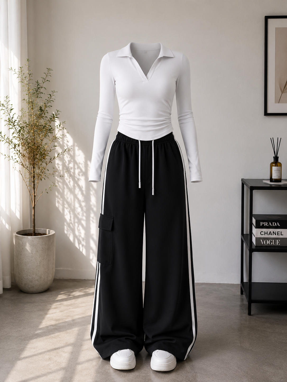 White V-Polo FS With Black Cargo Stripped Trouser